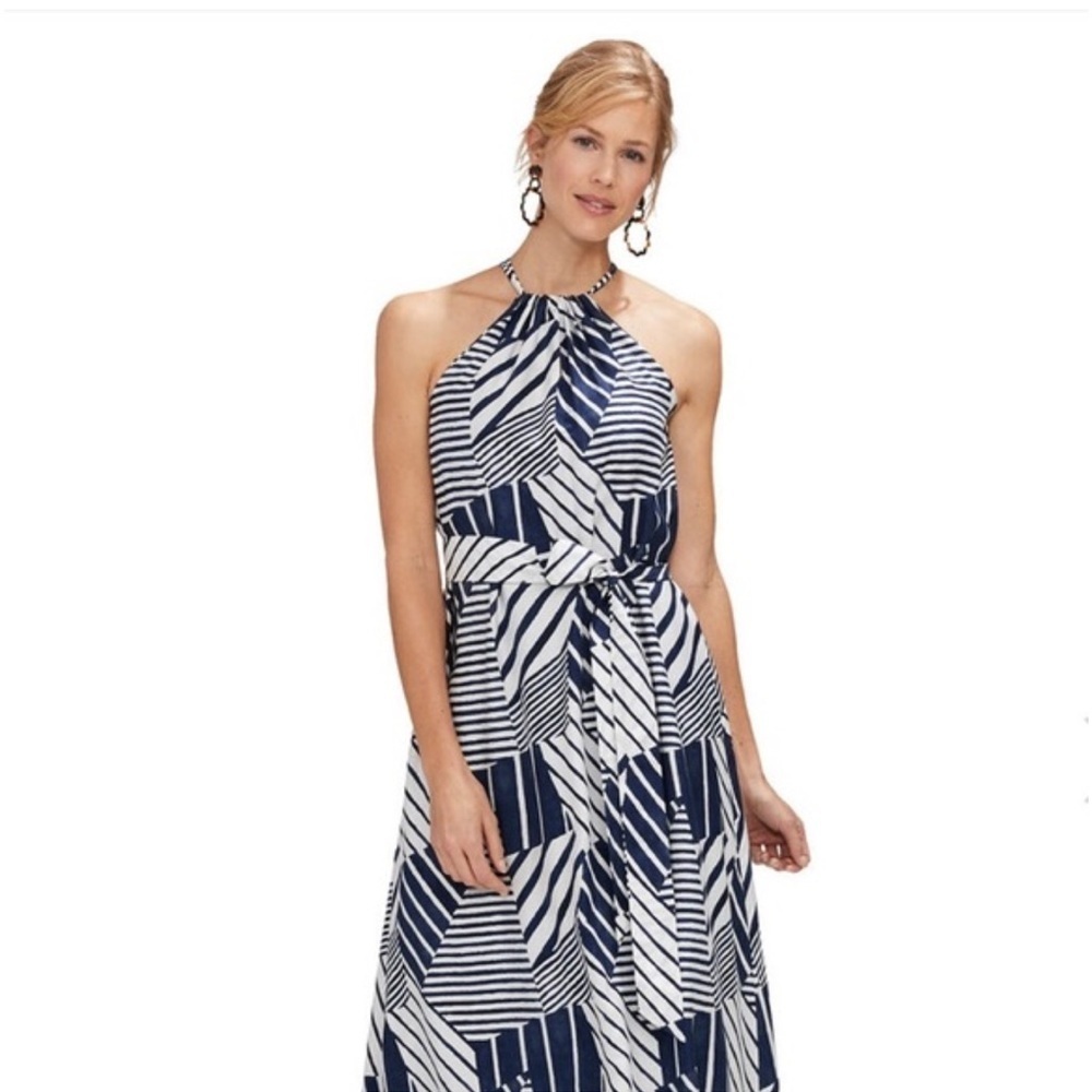 Vineyard Vines Maxi Dress Geometric Print Navy White Halter Neck Size XS